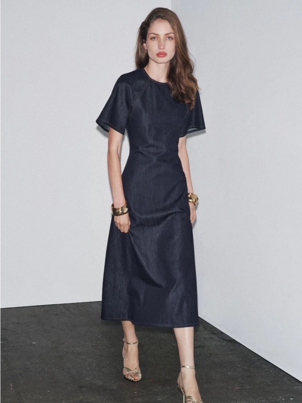 Zara ZW Collection Denim Long Dress Flutter Sleeve Dark Wash Midi Dress L